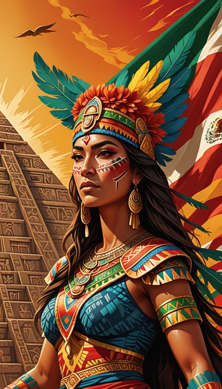 Aztec Princess Soaring with Mexican Flag