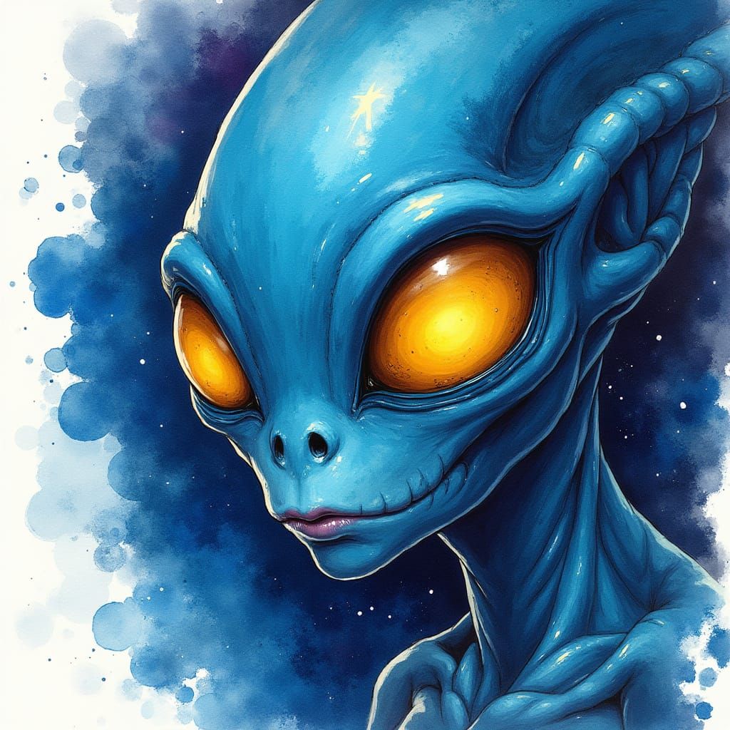 Alien Close-up in Watercolor and Ink Style