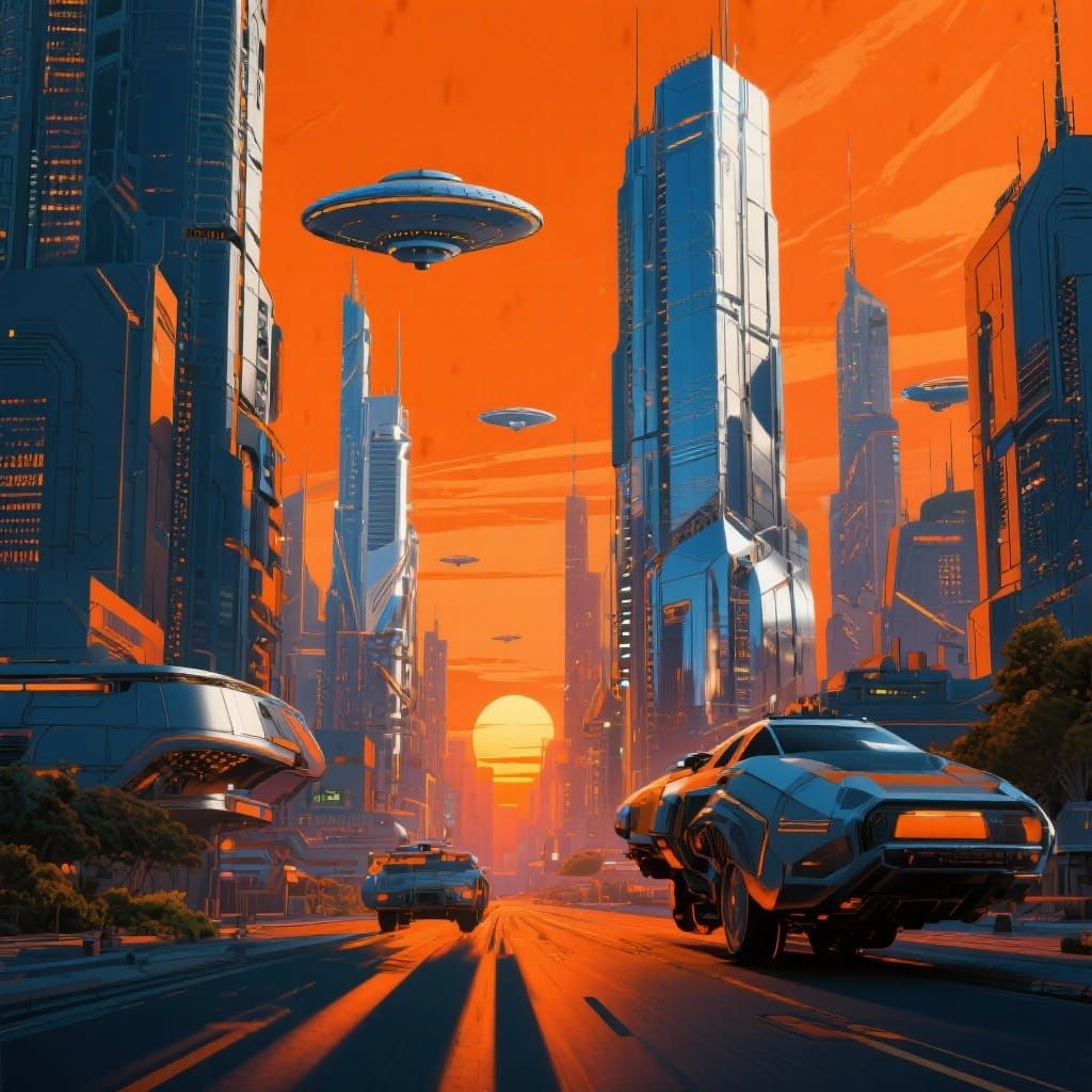 Retro-Futuristic Orange Cityscape with Flying Cars