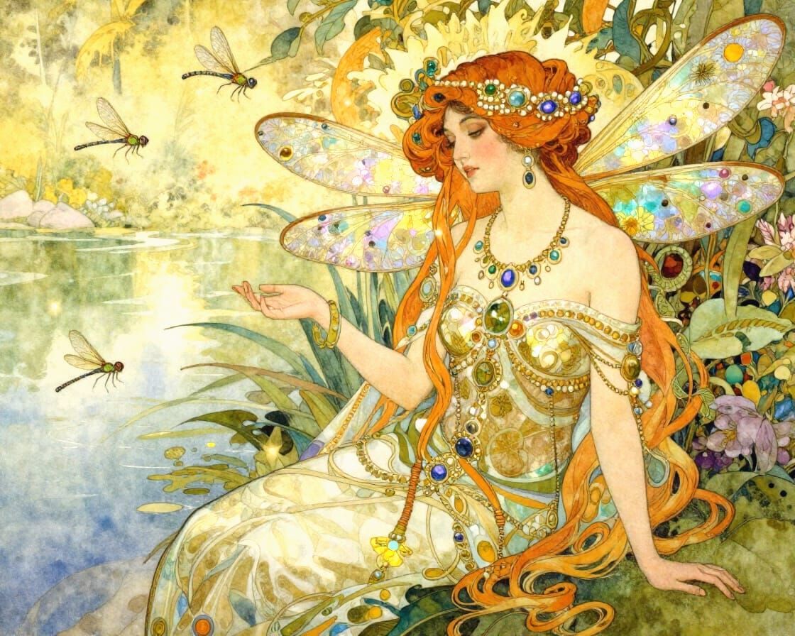 Art Nouveau Dragonfly Queen by a Shimmering Pond