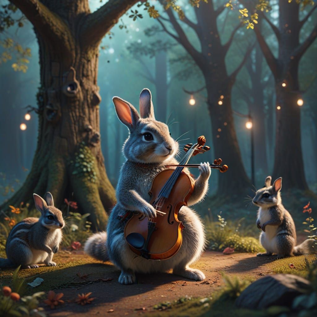 Whimsical Rabbit Performs Violin on Stage with Animals in Ba...
