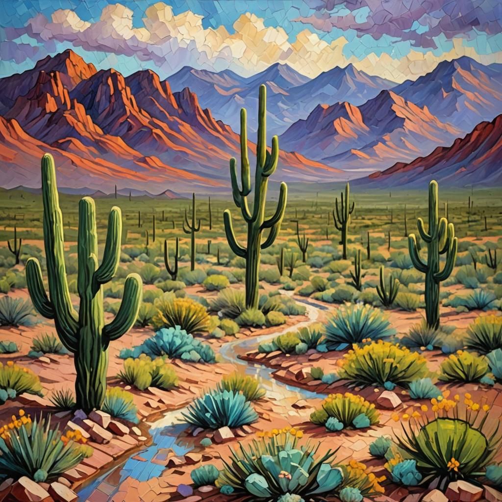 Desert Bloom: Sonoran Landscape in Expressionist Impasto Sty...