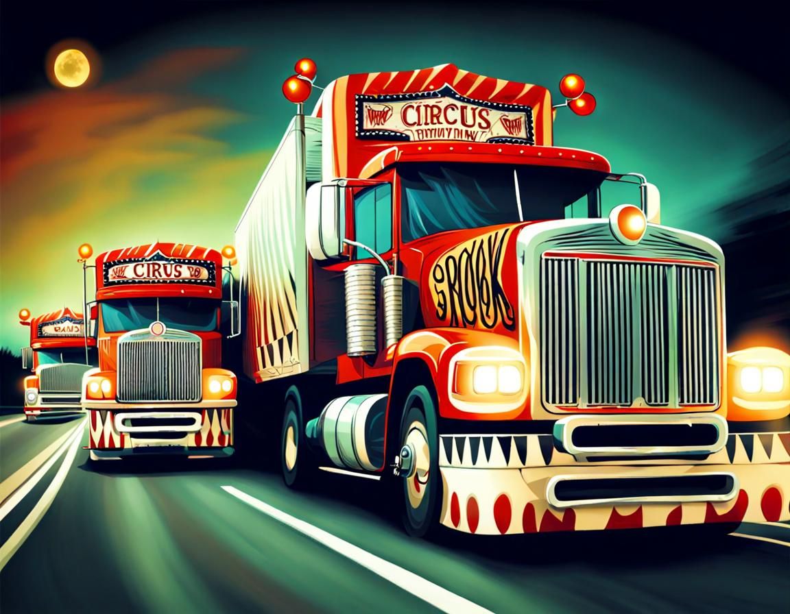 Spooky Circus Trucks Speeding on the Highway