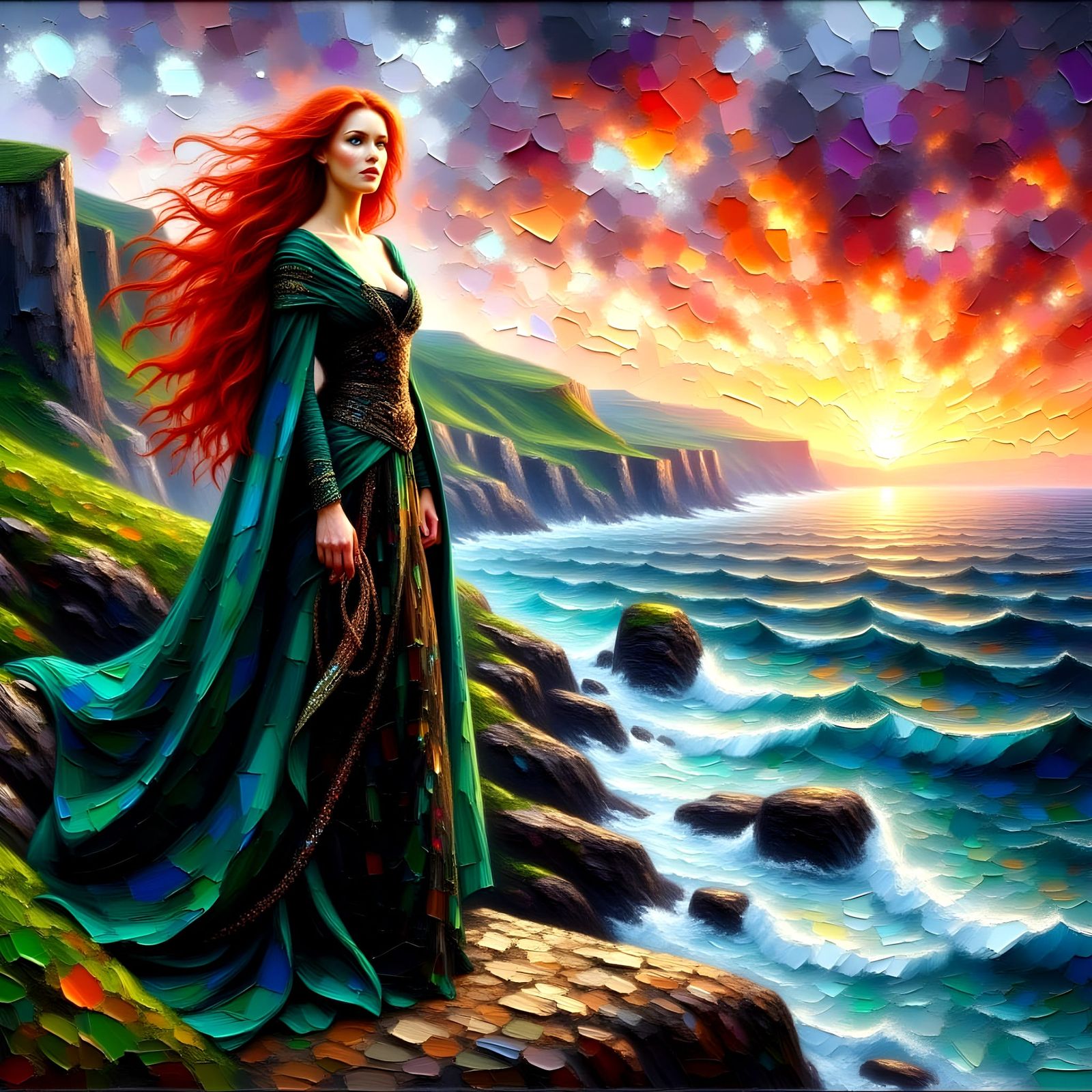 Irish Pirate Queen in Emerald Velvet, Red Hair Blowing in Su...