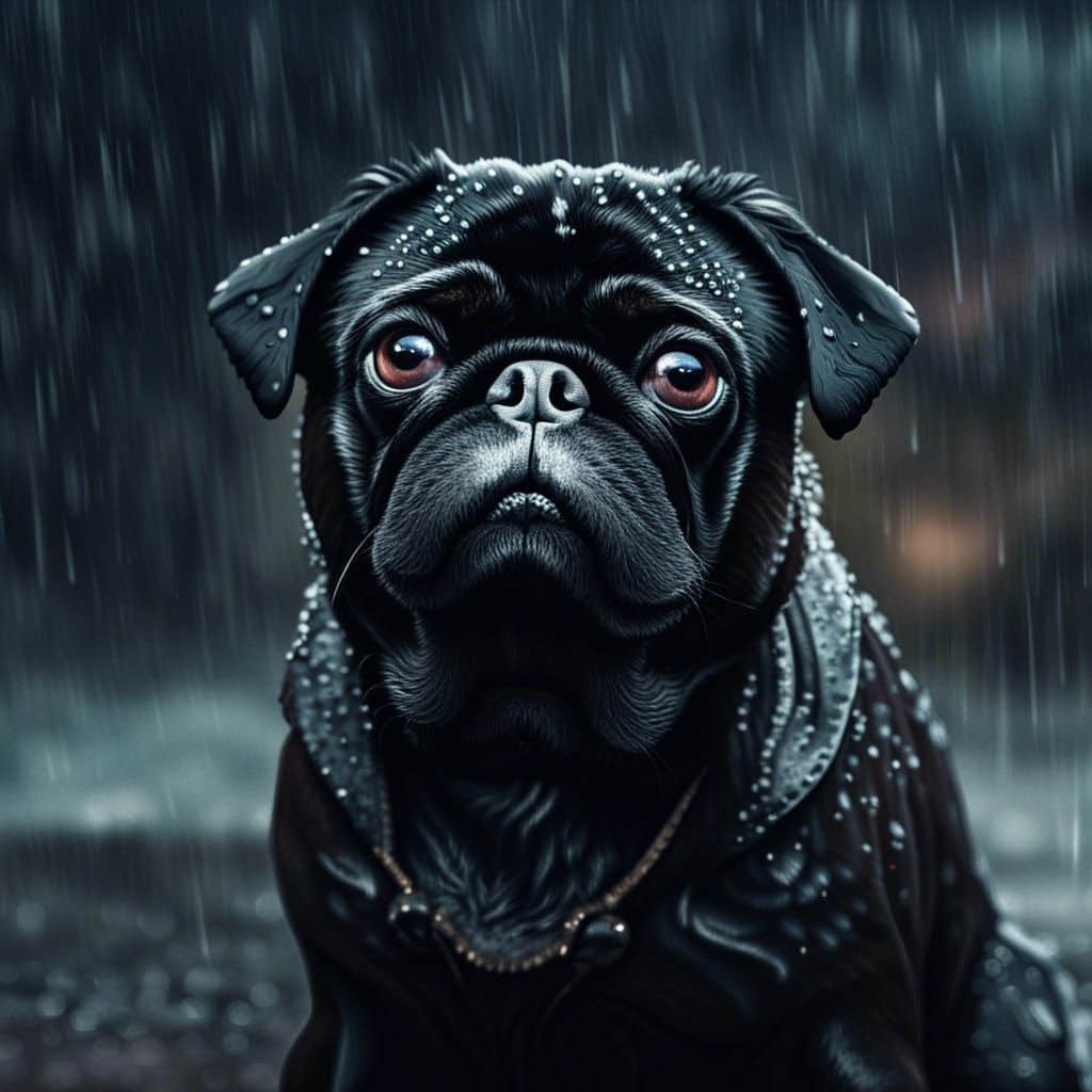 Black Pug Dog in Rain: Dramatic Digital Painting