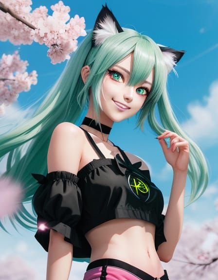 Anime Cat Girl with Pentagram Top in Moe Style