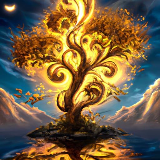 Glowing Gold Tree Under Blood Moon, Hyperdetailed Art