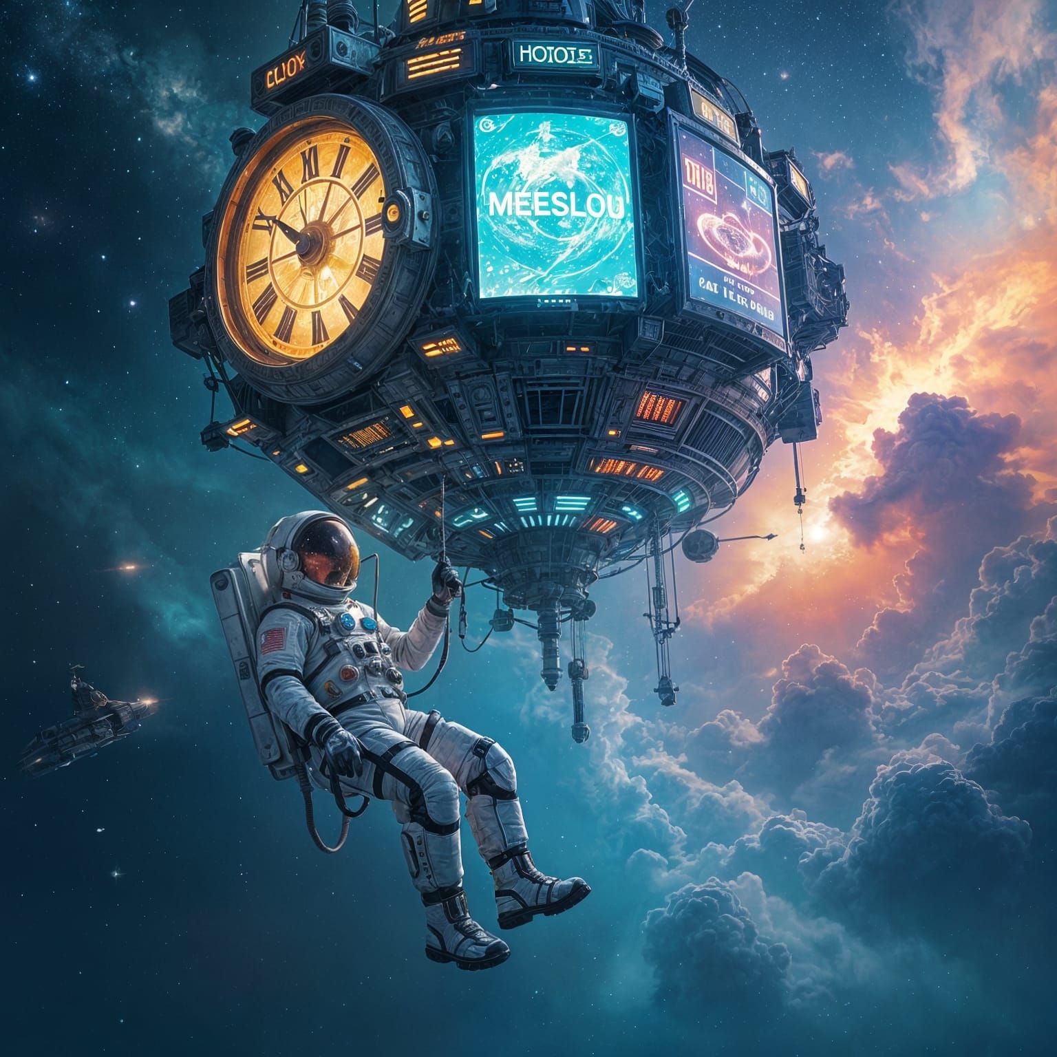 Astronaut Drifts Near Clockwork Space Station