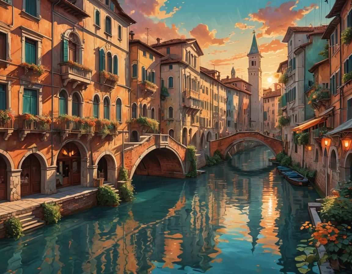Treviso Italy Summer Sunset: Impressionist Gouache Masterpie...