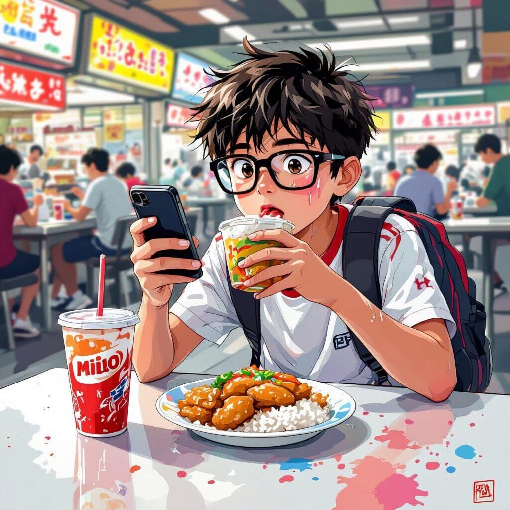 Boy Enjoying Milo and Anime, Vibrant Art Style