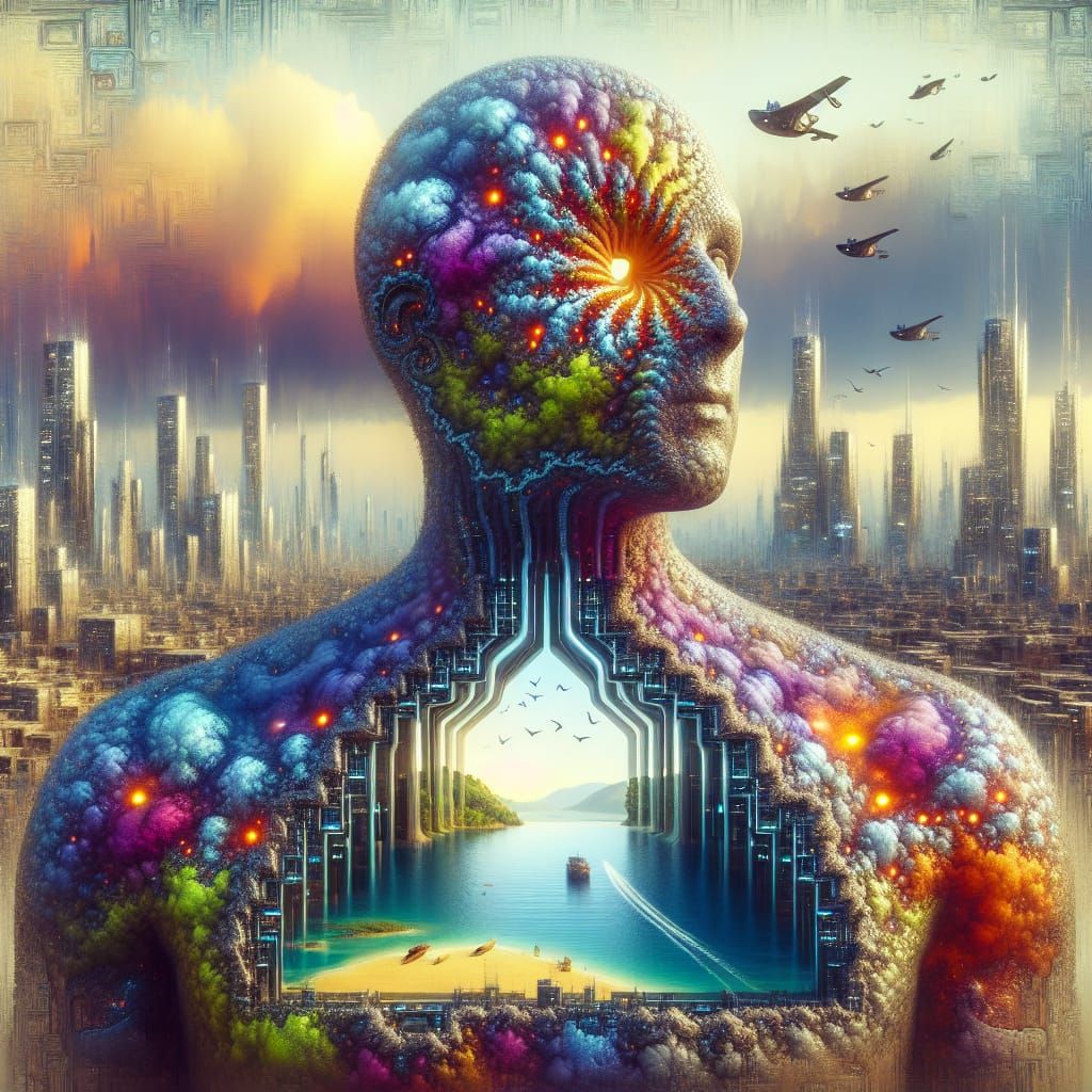 Futuristic Metropolis Inside Fractal Humanoid in Impressioni...