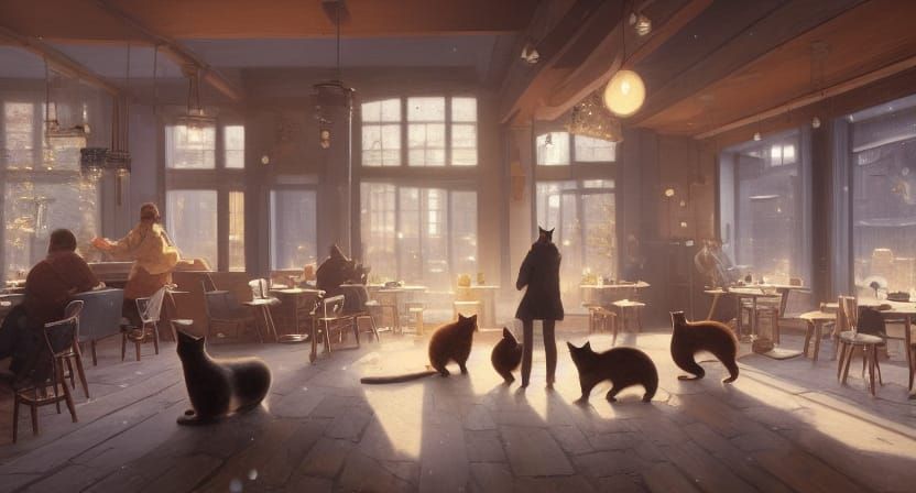 Cozy Cat Café with Cats Playing, Hyperdetailed Concept Art