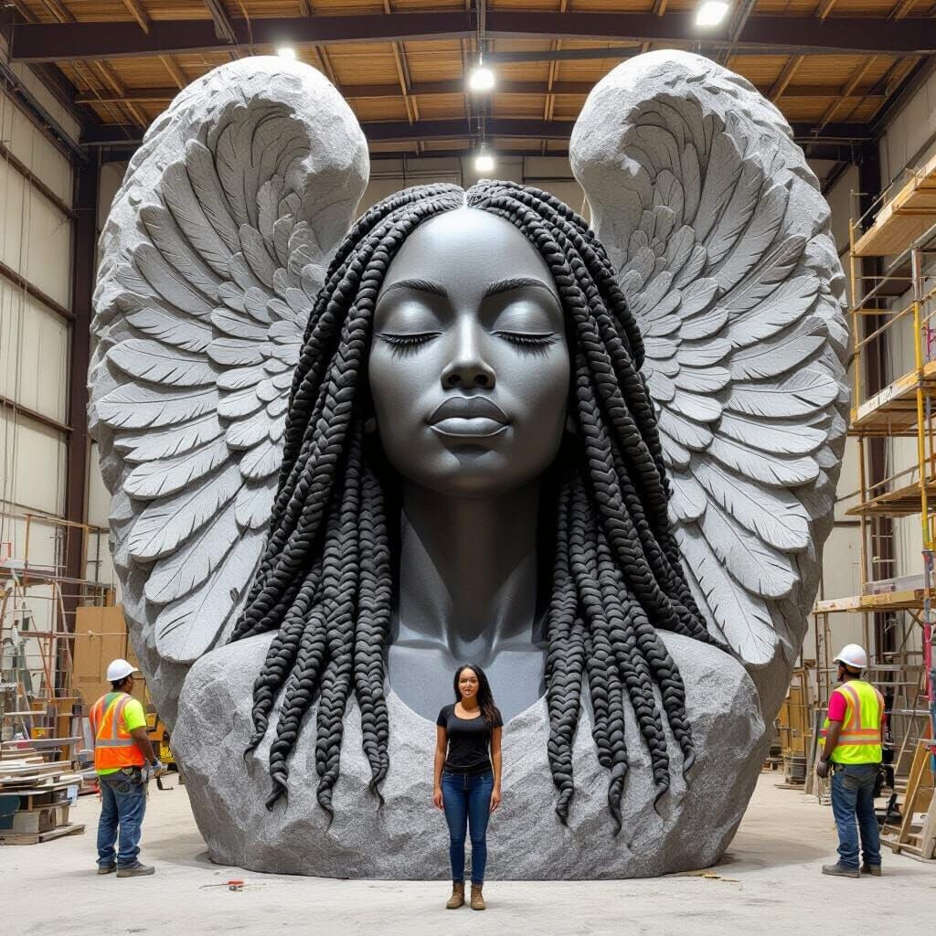 Monumental Stone Sculpture of Black Woman with Angel Wings