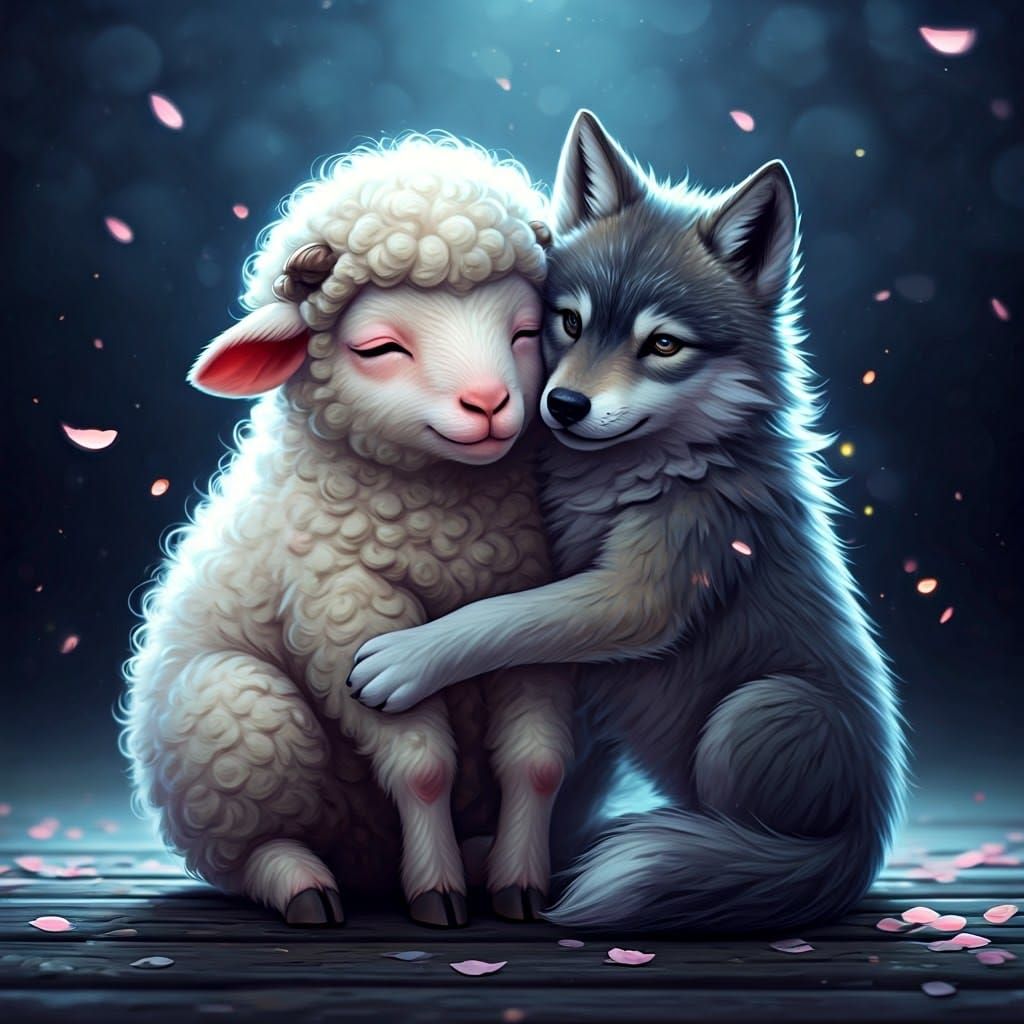 Cute Baby Sheep and Wolf Hugging in Anime Style