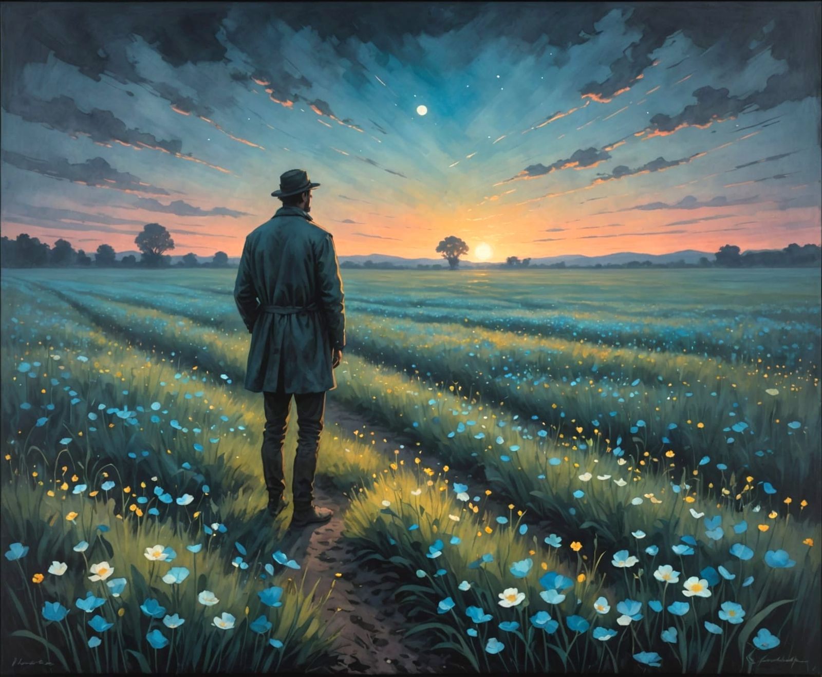Man in Glowing Field Under Twilight Sky