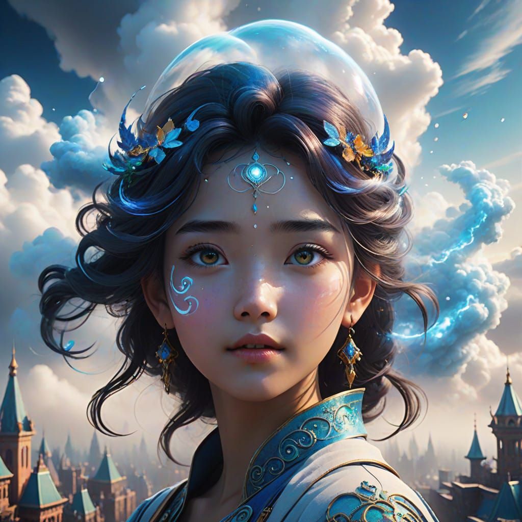 Surreal Cloud Goddess in Whimsical Cityscape, Inspired by Pi...