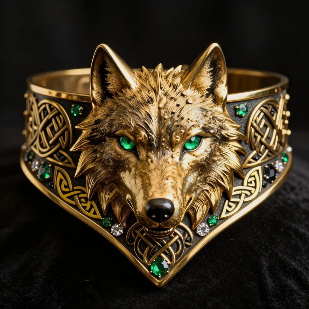 Gold Choker with Wolf Head Effigy and Celtic Patterns