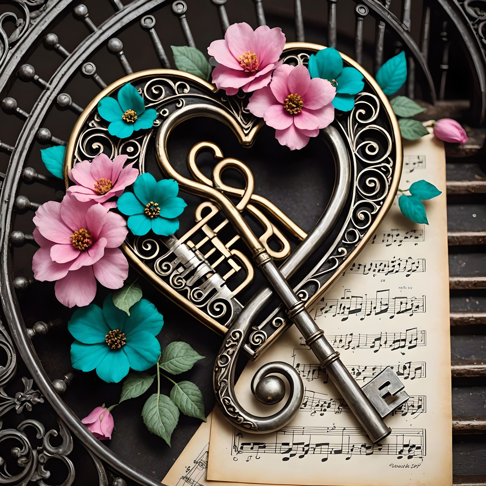 Ornate Silver Key with Golden Heart