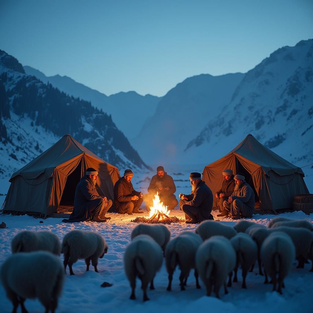 Kashmiri Shepherds at Blue Hour: Cinematic Winter Scene