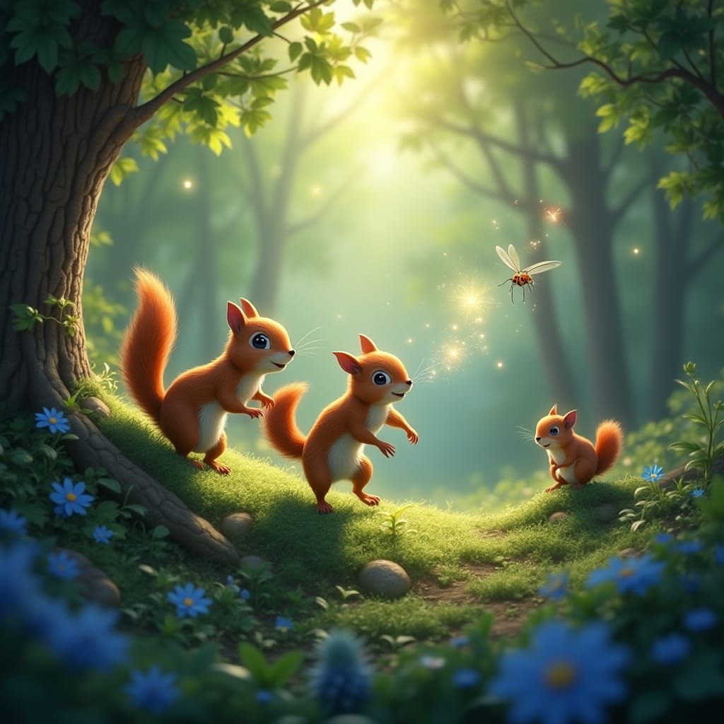 Whimsical Forest Scene of Firefly, Squirrel, and Chipmunk in...