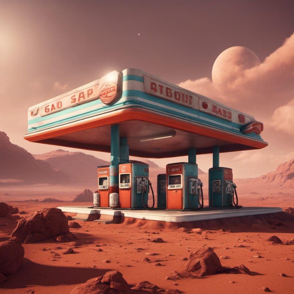 Retro Gas Station on Mars in Detailed Matte Painting