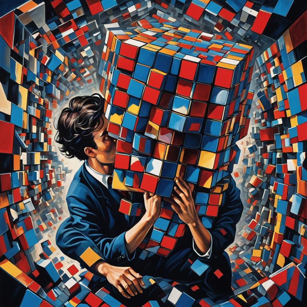 Cubist Surrealism: Person Trapped in Distorted Rubik's Cube