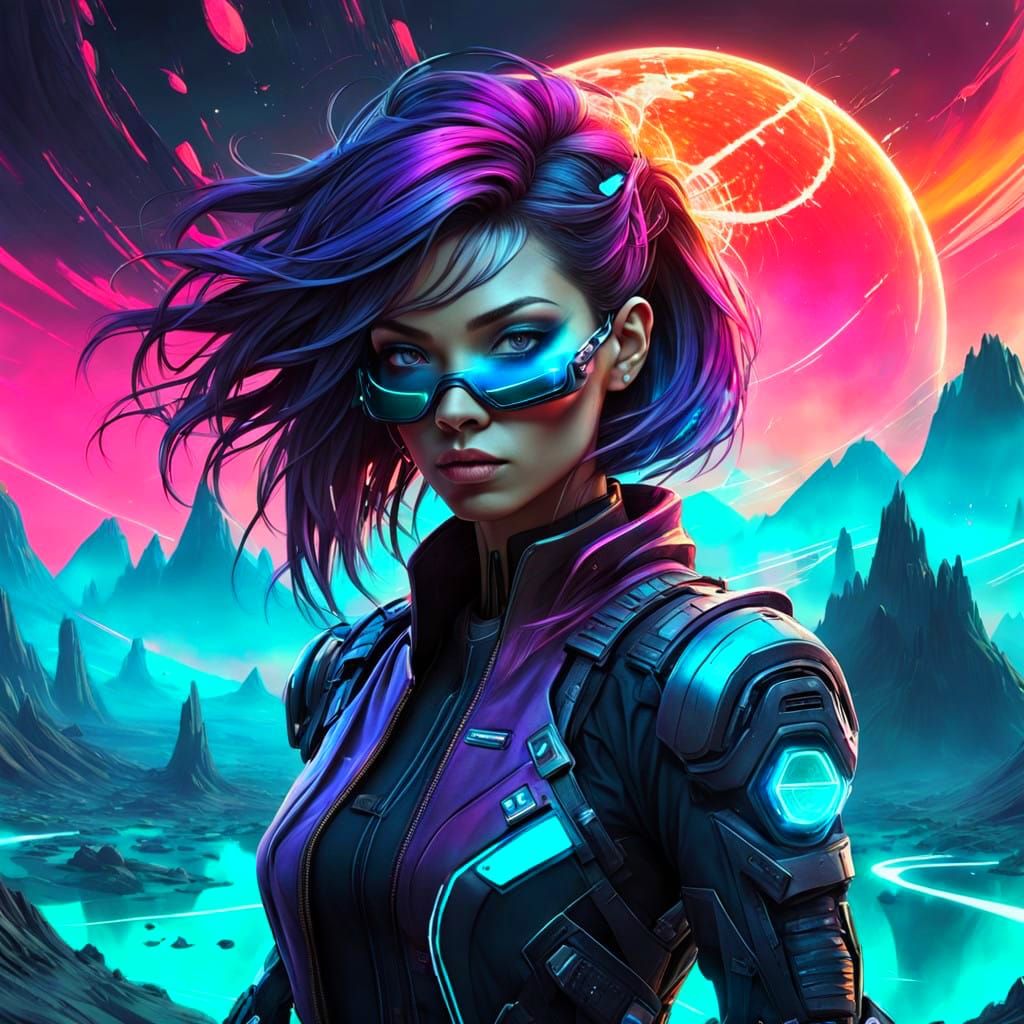 Cyberpunk Girl in Vibrant Otherworldly Landscape