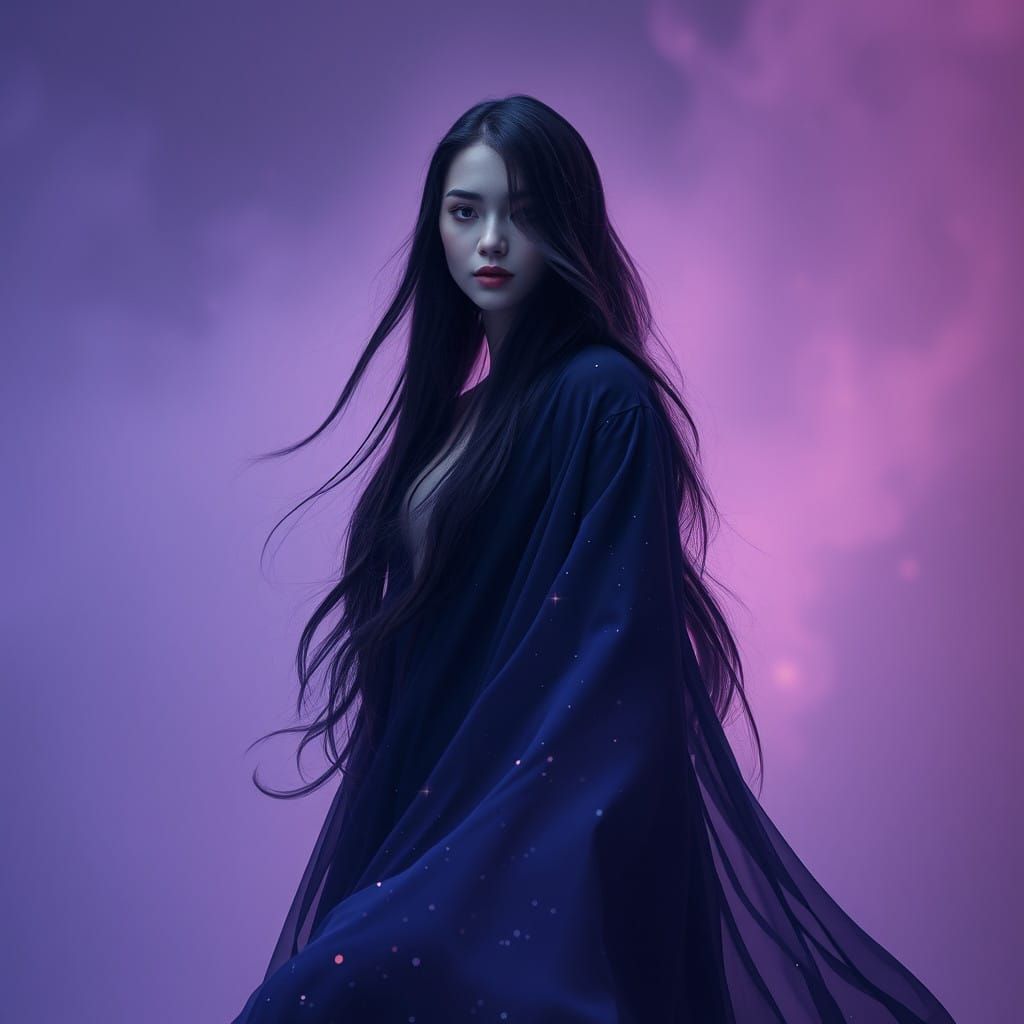 Surreal Goddess in Midnight Blue Gown