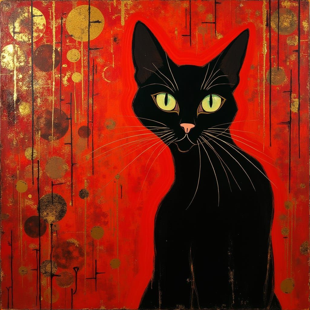 Vibrant Red Cabaret Scene with Black Cat in Toulouse-Lautrec...