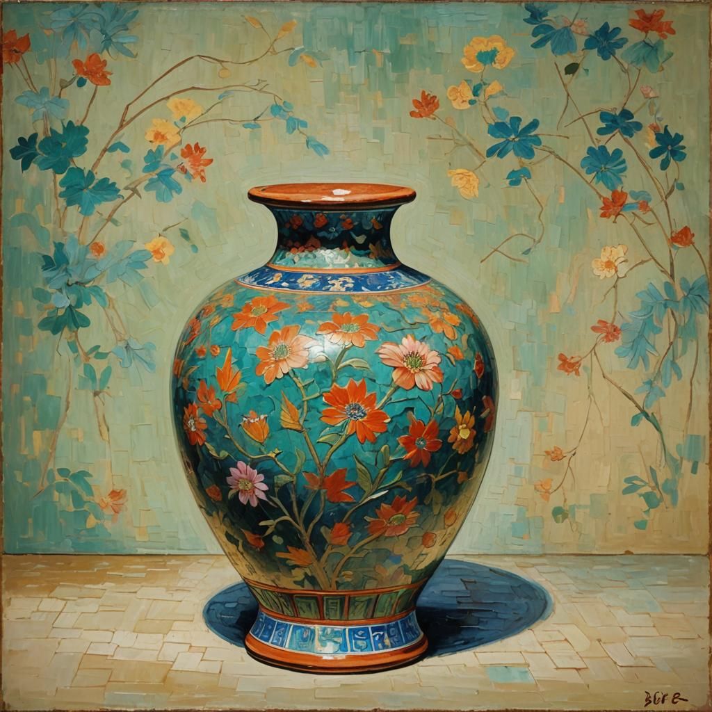 Ming Vase in Museum, Neo-Impressionist Oil Painting