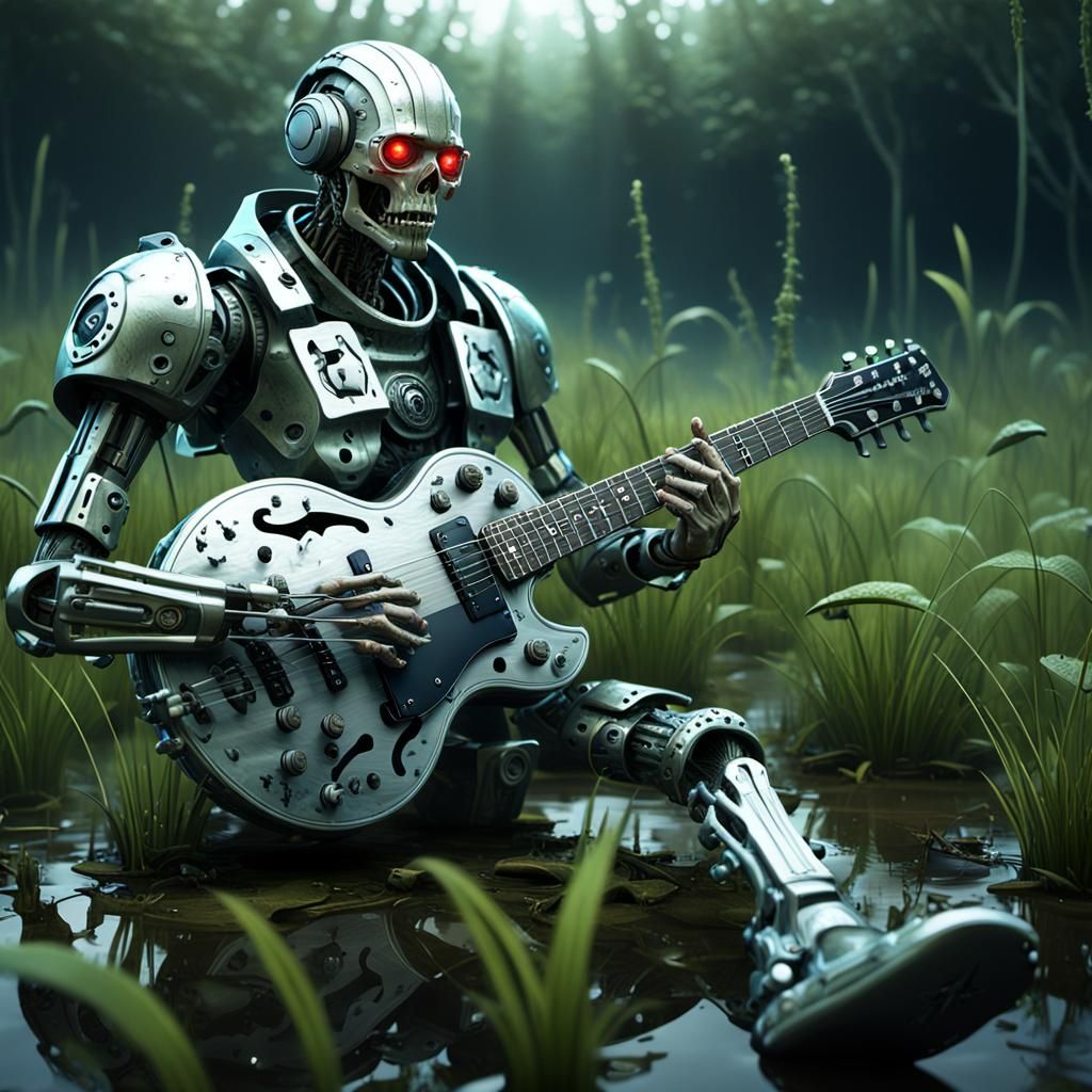 Cyborg Guitarist in Swampy Grassland, Sci-Fi Art