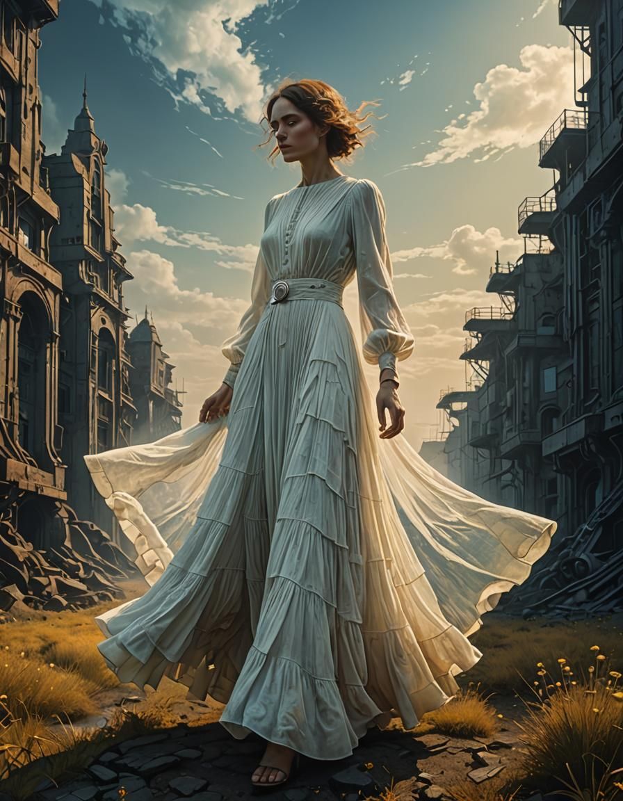 Woman in White Dress: Steampunk Art Deco Concept