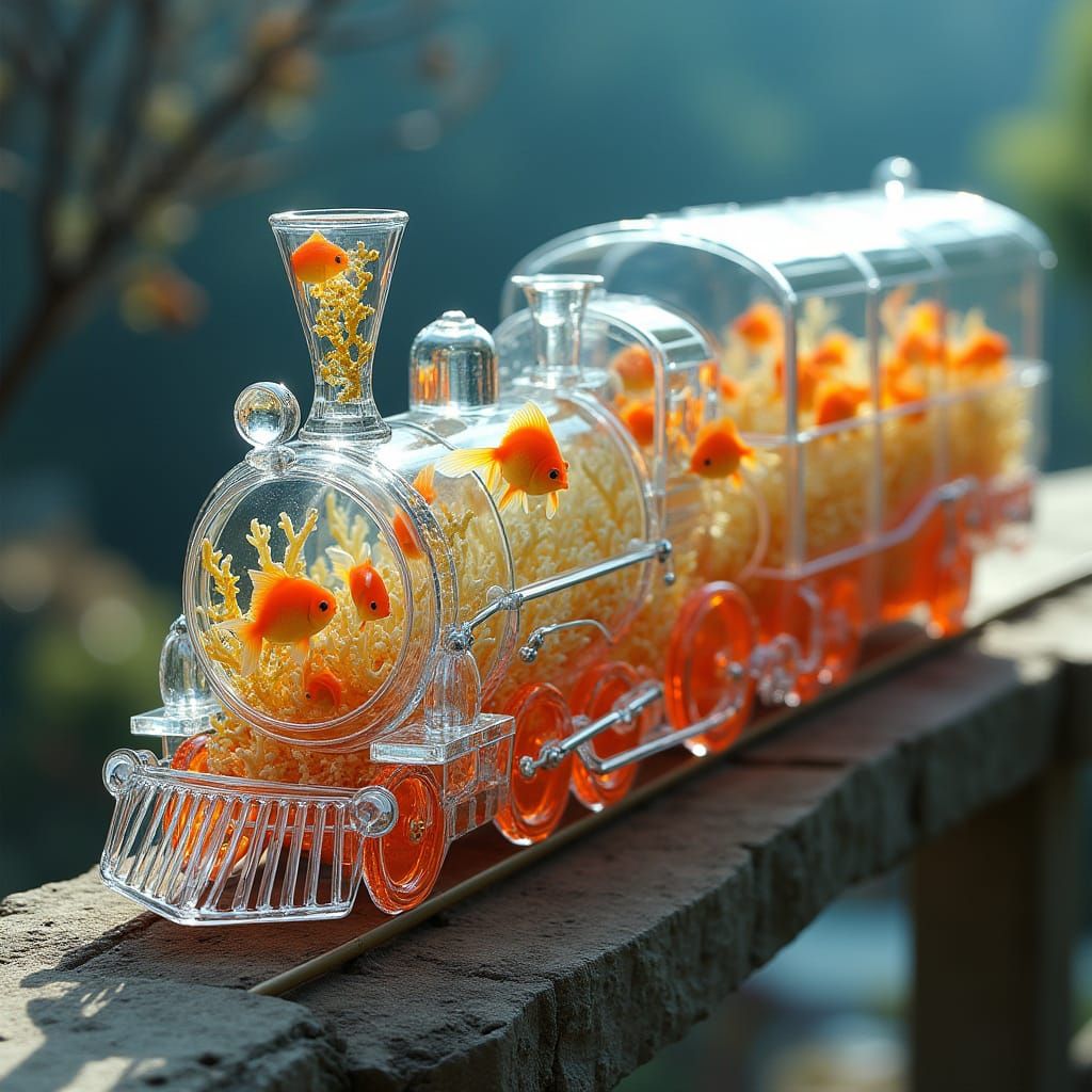 Whimsical Glass Train with Rainbow Coral and Joyful Goldfish