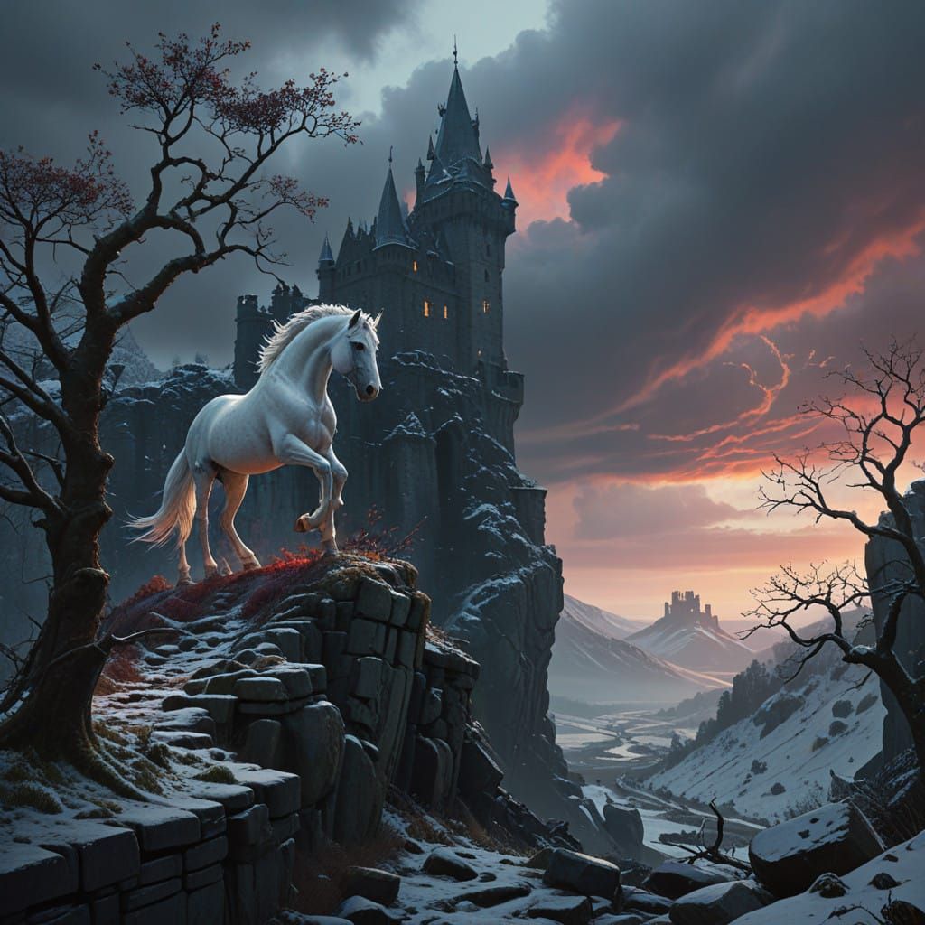 Majestic Castle Tower Under Siege by a Rearing White Horse