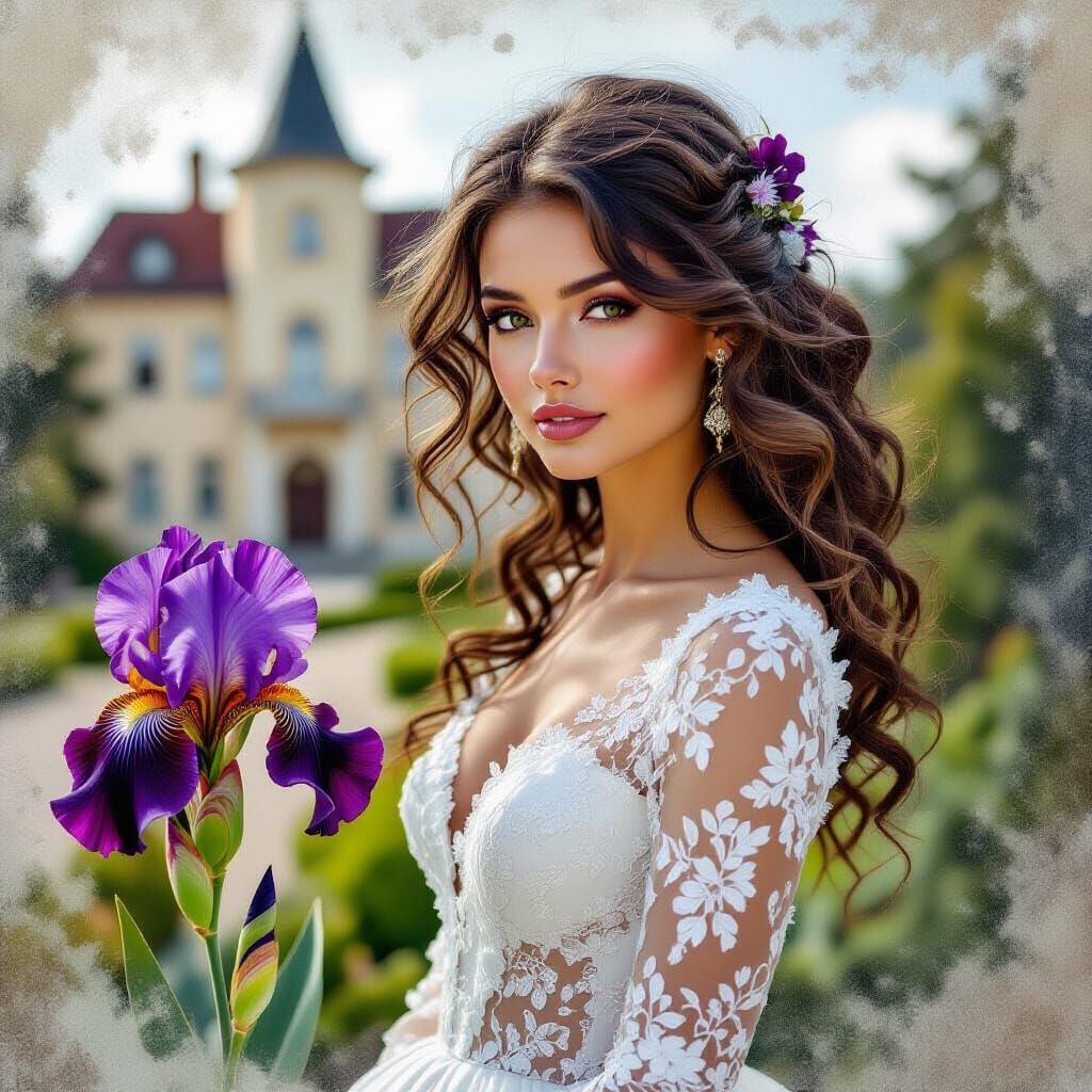 Woman in Princess Dress with Iris Flower