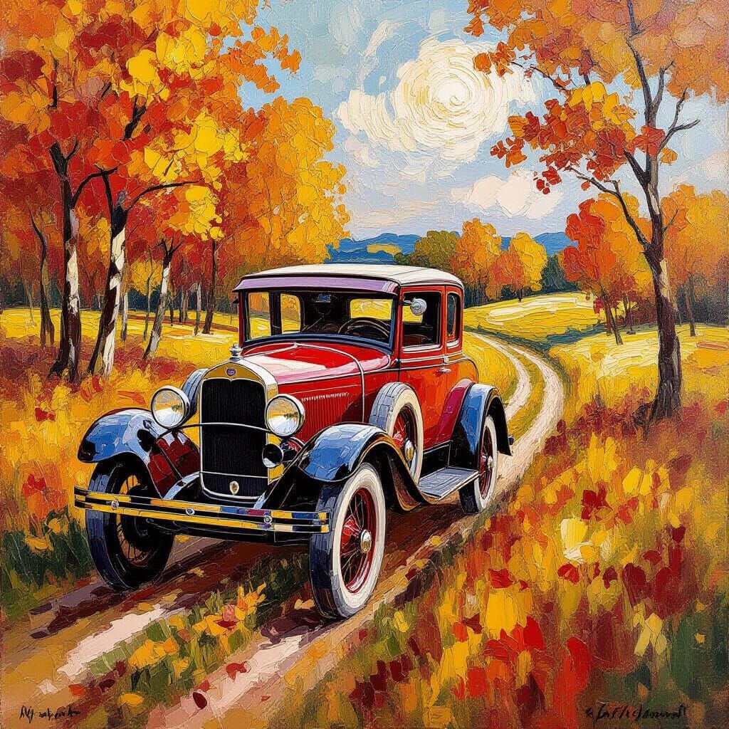 1920s Automobile Drives Through Autumn Meadow in Impasto Sty...