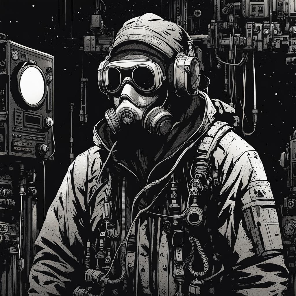 Monochrome Sci-Fi Technician in Bleak Ink Painting Style