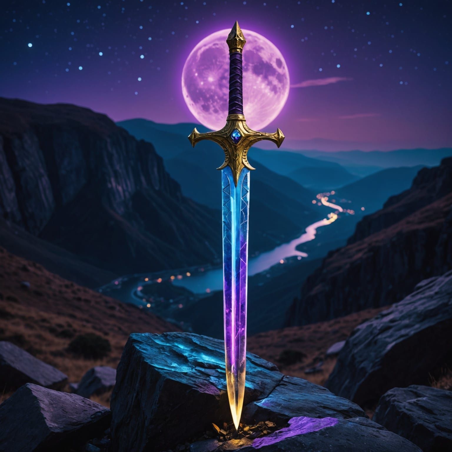 Gold Sword in Stone with Neon Glow