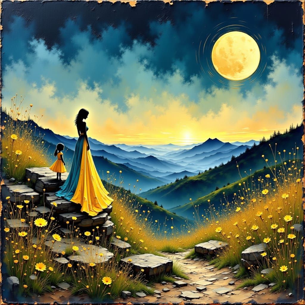Woman and Child Gazing at Moon, Impasto Oil Painting