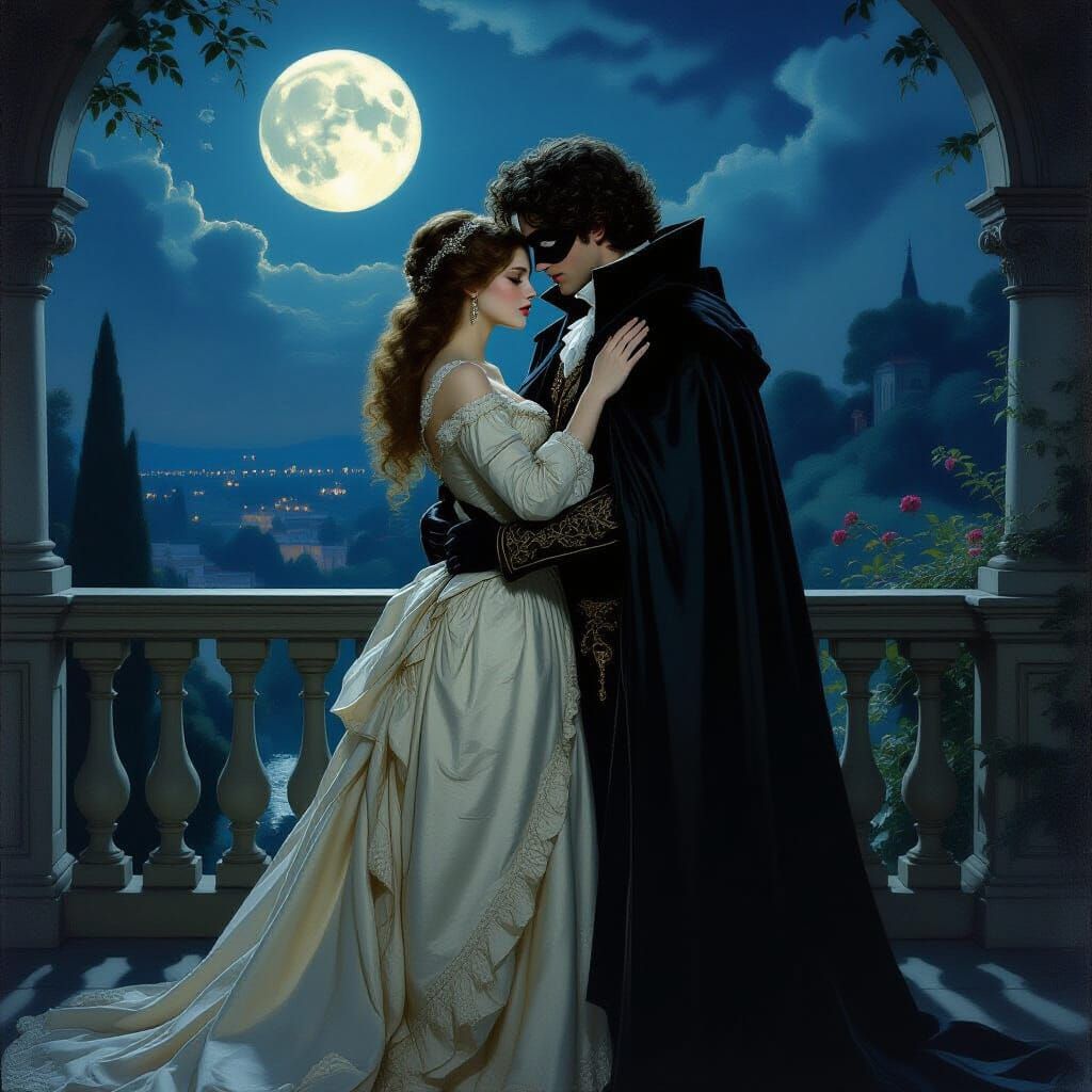 Anxious Aristocrat Embraces Masked Gentleman on Moonlit Balc...