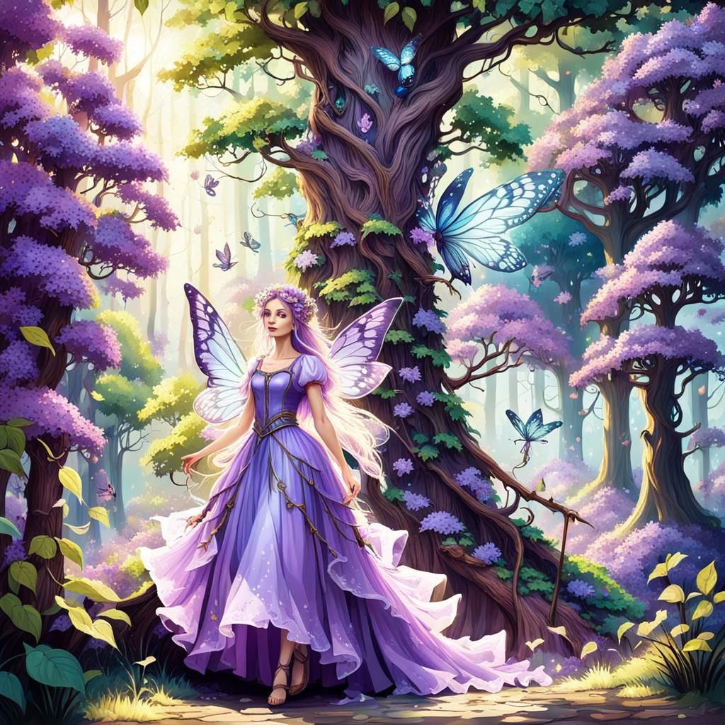 Enchanting Fairy in Lilac Dress in Sunny Forest