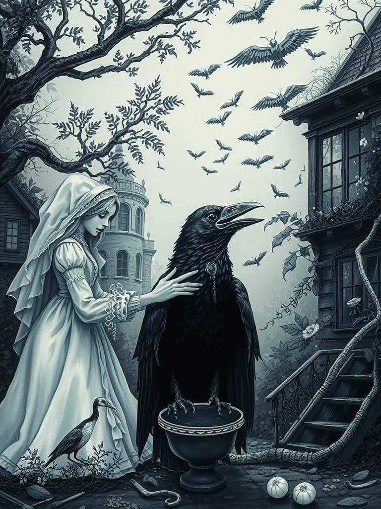 Spectral Nurse Tends Raven in Gothic Garden