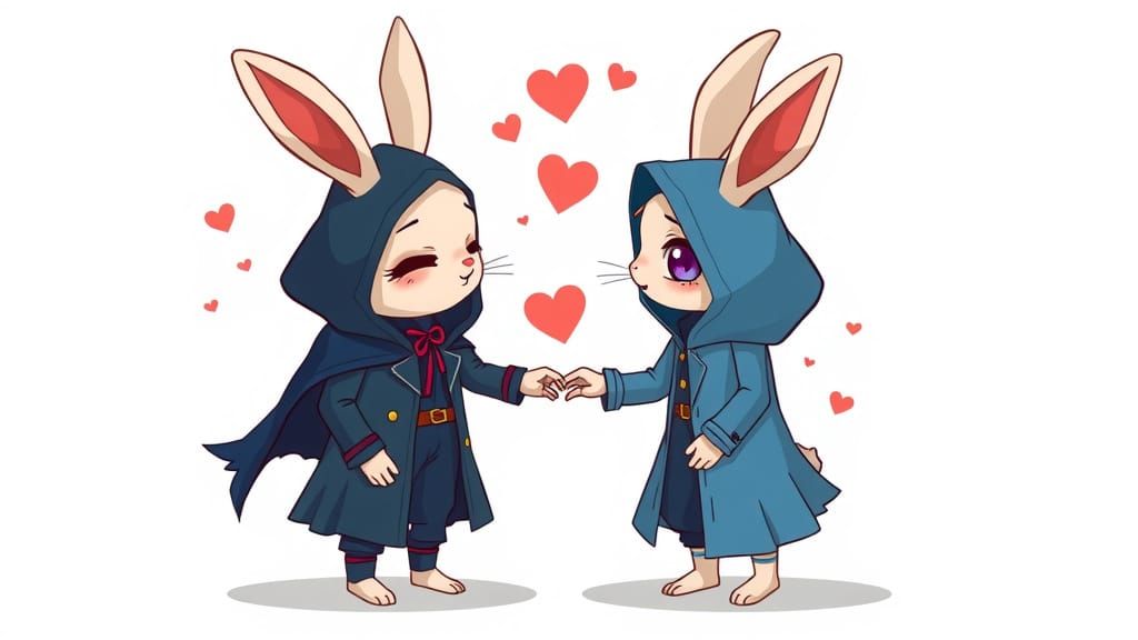 Chibi Rogue Rabbits in Love, Wearing Gothic Blue Clothing