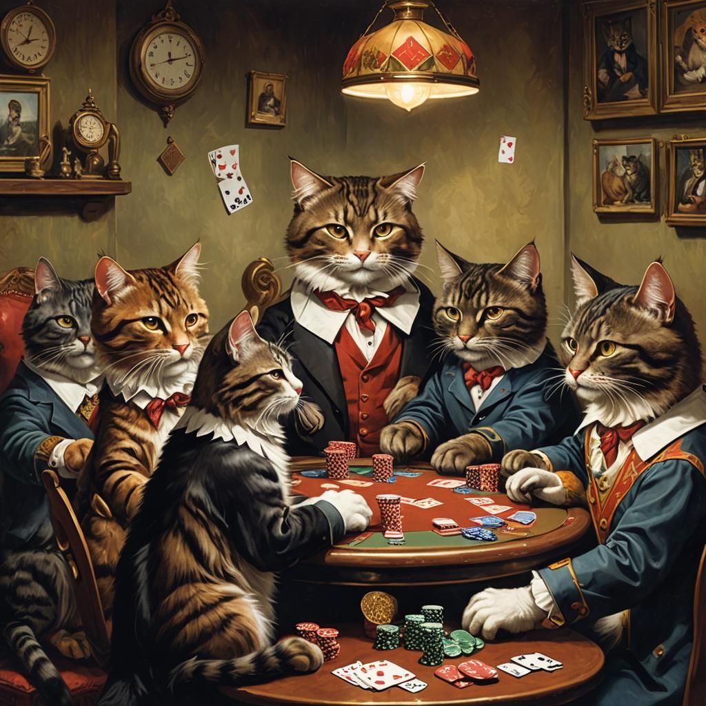 Anthropomorphic Cats Playing Poker Game