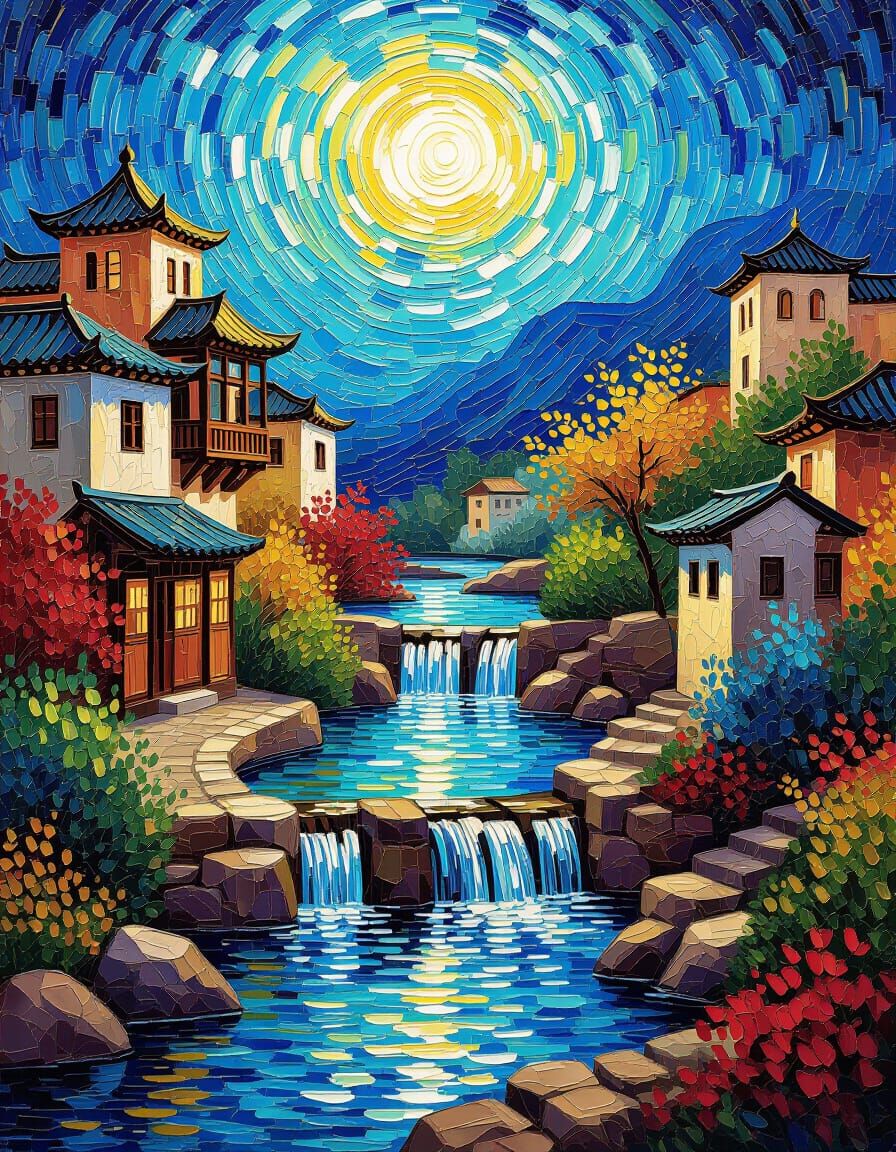 Magical Oriental Fantasy Landscape: Neo-Impressionist Style