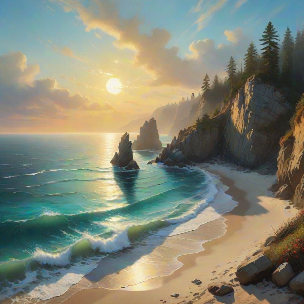 Turquoise Coastal Landscape at Sunset: Photorealistic Painti...