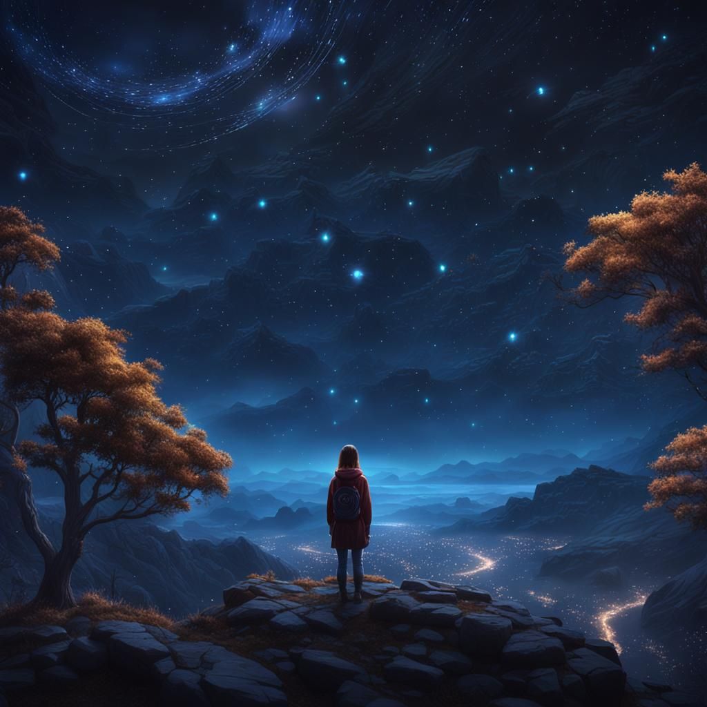 Girl Gazing at Starry Night Sky: Detailed Matte Painting