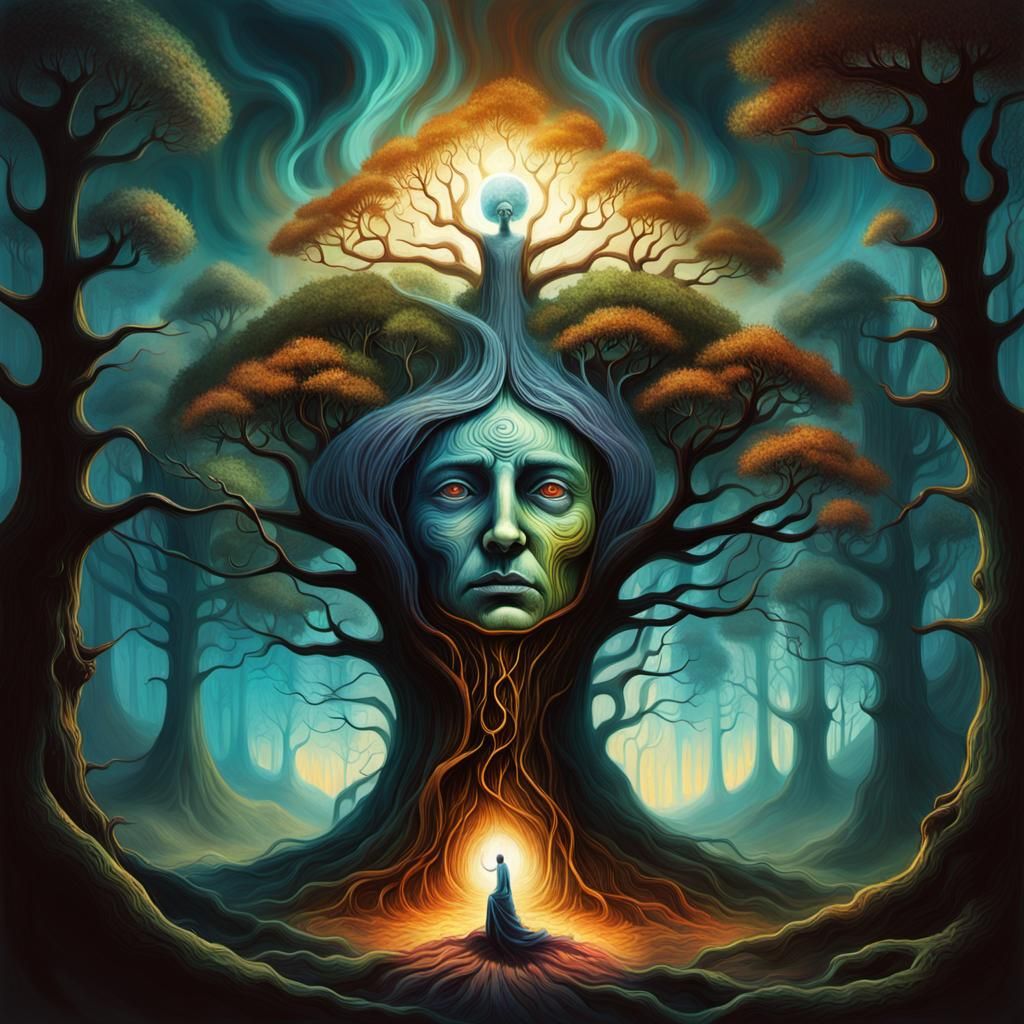 Surreal Astral Landscape with Crestfallen Figure Excreting P...