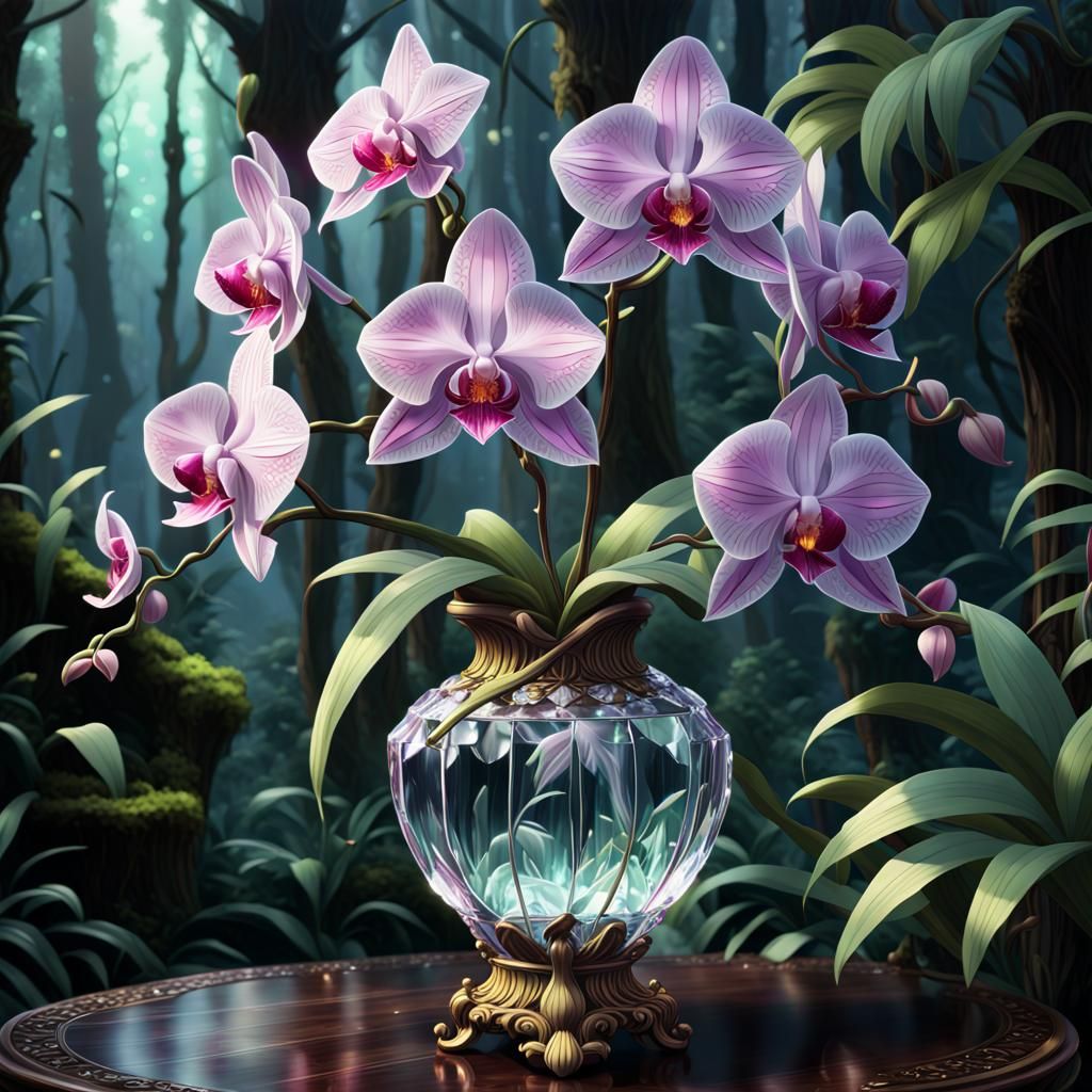 Orchid in Crystal Vase: Vibrant Anime Art