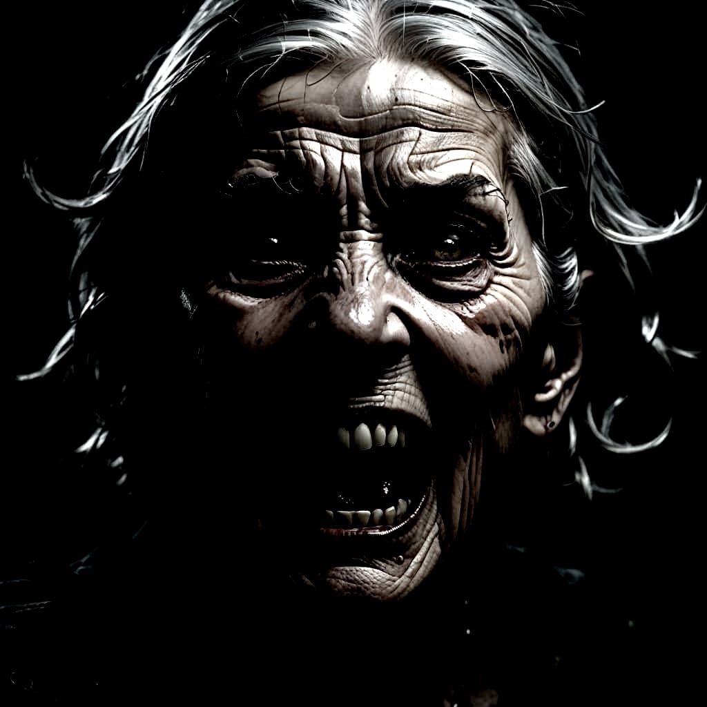 Demonic Elderly Woman Reveals Inner Evil